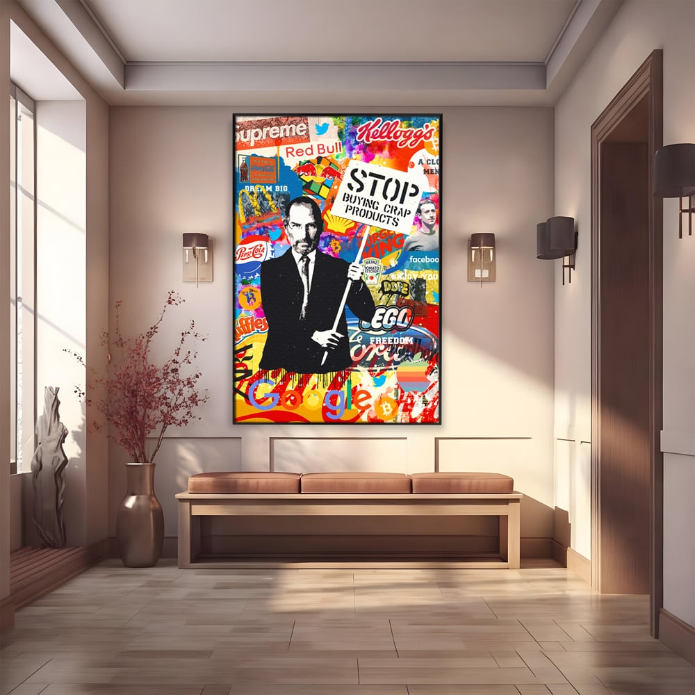 Tablou canvas cu tablou canvas cu portretul lui steve jobs, in rama de aluminiu negru